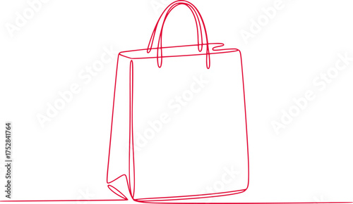 Minimalist Red Line Art Shopping Bag on White Background