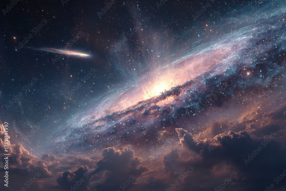 Fototapeta premium Dramatic cosmic cloudscape in deep space with bright stars creates ethereal visual effect, a celestial panorama unfolding across a dark backdrop