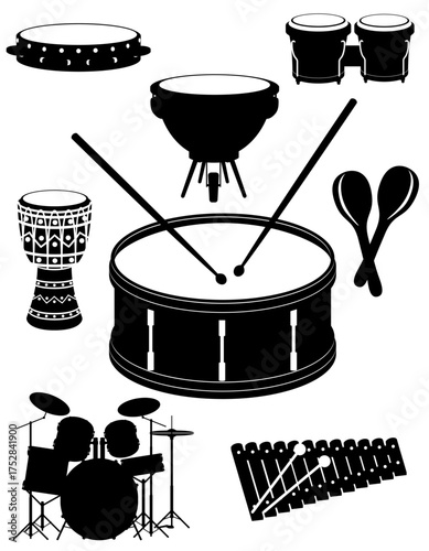 percussion musical instruments black silhouette cartoon stock vector illustration isolated on white background