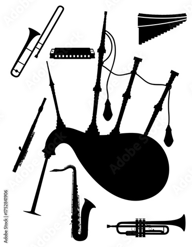 wind musical instruments black silhouette cartoon stock vector illustration isolated on white background