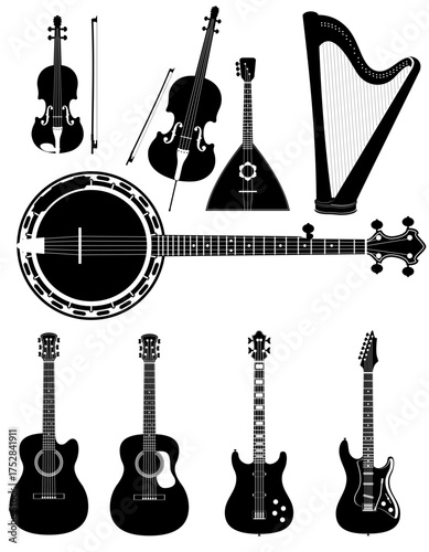 stringed musical instruments black silhouette cartoon stock vector illustration isolated on white background