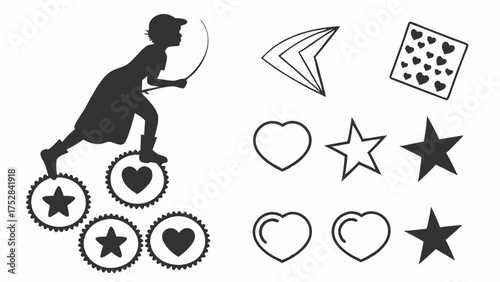 Girl Skipping Rope Ascending Gears with Stars and Hearts. Childhood Education, Creative Design Elements, Progress, Growth, Dreams, UI UX, Motivation.
