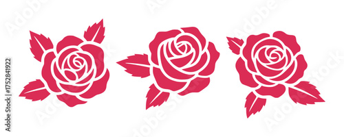 Three stylized pink roses with white outlines on a white background