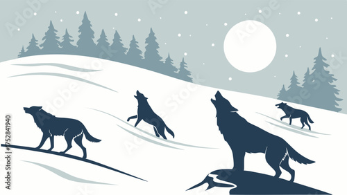 Majestic Wolves Howling in Snowy Winter Forest under Full Moon. Wild Pack in Cold Wilderness Night for Nature Conservation, Outdoor Adventure, and Teamwork.