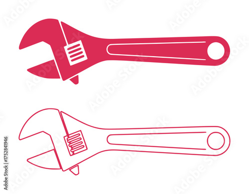 Two Red Adjustable Wrenches, One Solid, One Outline, Isolated on White