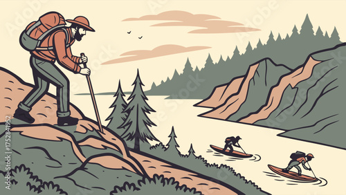 Hiker on Mountain Trail Overlooking River with Paddleboarders Adventure Travel Outdoor Lifestyle Exploration Illustration
