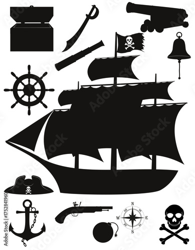set of pirate nautical items black silhouette cartoon stock vector illustration isolated on white background