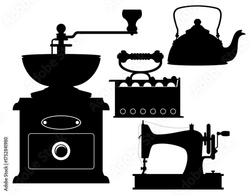 items retro old vintage icons black silhouette cartoon stock vector illustration isolated on white background