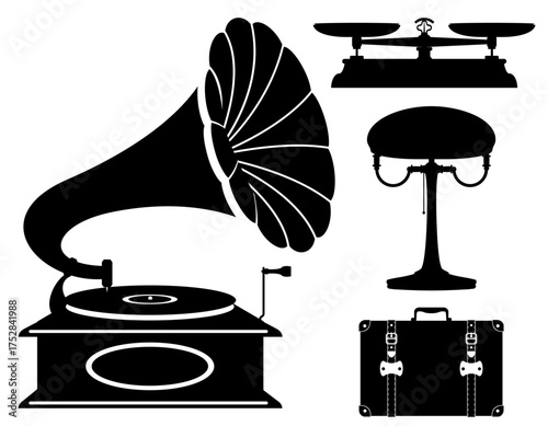 items retro old vintage icons black silhouette cartoon stock vector illustration isolated on white background