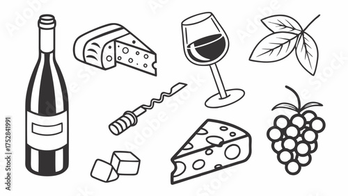 Wine and Cheese Line Art Icons Set. Elegant Vector Illustration for Restaurant Menu, Winery, Food Blog, Event Invitation, Party, and Celebration Design