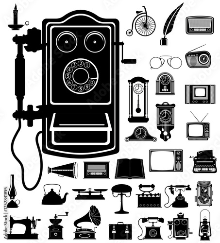 much objects items retro old vintage icons black silhouette cartoon stock vector illustration isolated on white background