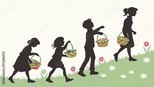Children and Young Adults Walking Uphill with Easter Baskets Illustrating Growth and Development Journey