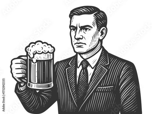 stern-faced man in a suit holding a frothy beer mug, symbolizing contrast between formality and leisure sketch engraving generative ai vector illustration. Scratch board imitation. Black and white.
