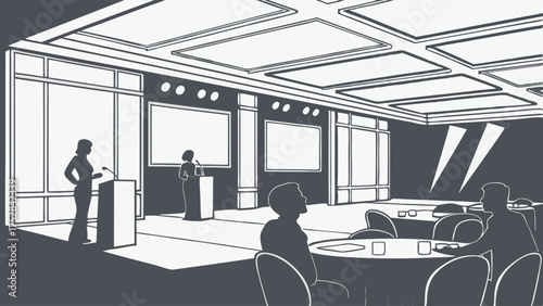 Business Professionals Presenting and Networking at a Modern Corporate Conference. Attendees Learning in a Sleek Event Hall Setting