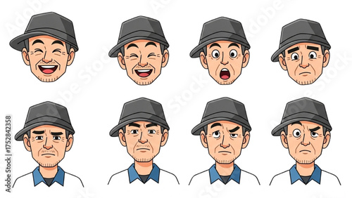Collection of diverse facial expressions from an older man in a hat, showing various emotions and moods