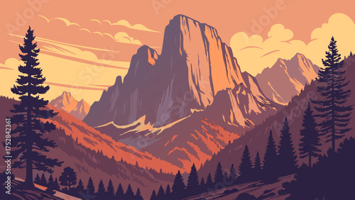 Majestic Mountain Landscape Flat Design Vector Art at Golden Hour. Serene Wilderness with Pine Trees for Travel and Web Design.