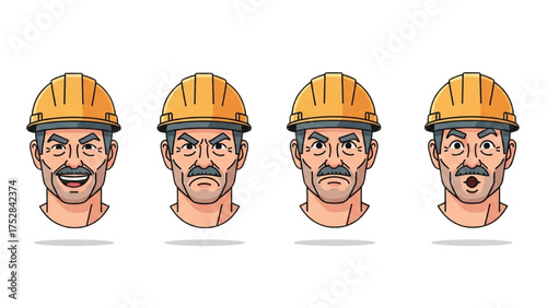 Cartoon construction worker head collection with various facial expressions and emotions