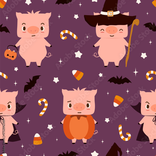 cute hand drawn funny holiday seamless vector pattern illustration with cartoon character little pigs and halloween elements like candies and bats on purple background