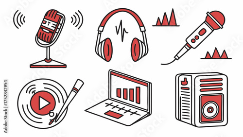 Podcast Audio Production Icons Set Digital Media Content Creation Streaming Recording Equipment Modern Creative Technology Tools Online Broadcast