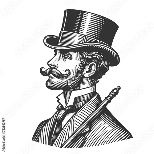Victorian-era gentleman wearing a top hat and suit, with a mustache and walking cane sketch engraving generative ai fictional character vector illustration. Scratch board imitation. Black and white.