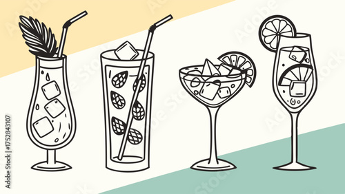 Refreshing Summer Cocktails Line Art Vector Illustration. Outline Drinks for Bar Menus, Party Invitations, Happy Hour Promotions, and Beverage Branding.