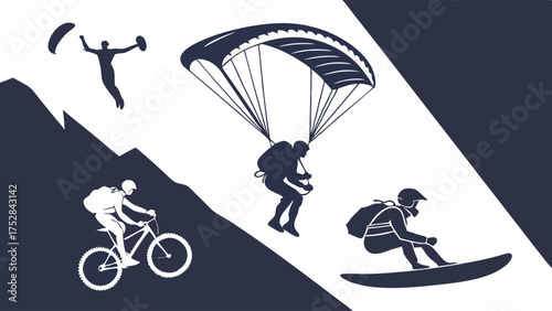Outdoor Adventure Sports Silhouettes. Extreme Paragliding Skydiving Mountain Biking Surfing for Travel, Active Lifestyle, and Thrill Seekers Marketing