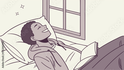 Happy Young Man Relaxing in Bed Reading Book by Window. Peaceful Student Enjoying Leisure Time, Mental Wellness, and Self-Care Illustration.