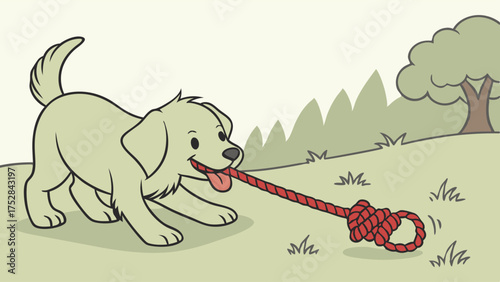 Happy Puppy Playing Tug of War with Red Rope Toy Outdoors. Energetic Dog Enjoying Playtime on Green Grass.