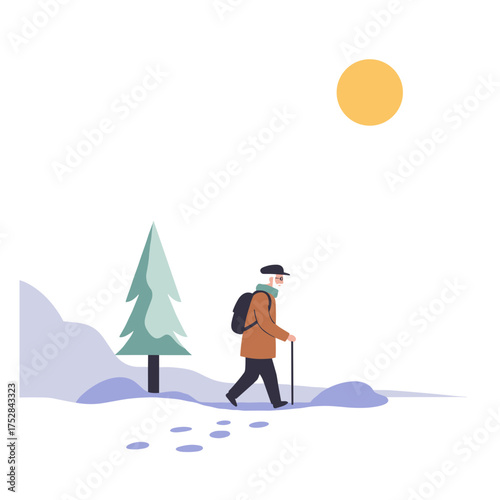 Elderly man walking on snowy path with backpack under sunlight  