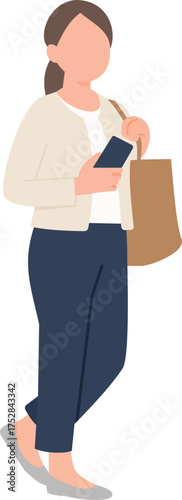 Stylish woman holding shopping bag and phone casual fashion outfit