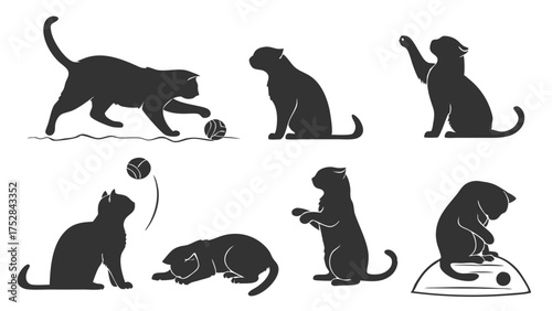 Black Cat Silhouettes Vector Set Playful Poses Sitting Standing Stretching for Pet Care Design Web Icons Merchandise Branding