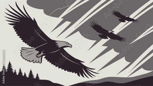 Three Eagles Soaring Over Mountain Forest In Cloudy Sky Leadership Vision Strength Freedom Nature Wildlife Adventure