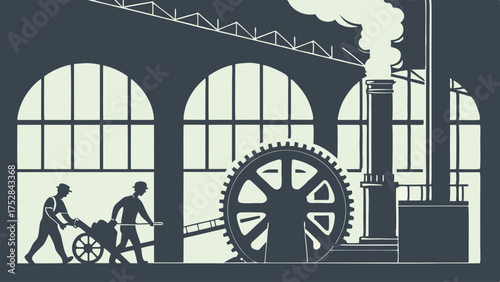 Industrial Revolution Factory Interior with Workers, Steam Engine, and Gear. Vintage Manufacturing, Labor, and Production History.