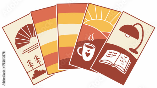 Warm Autumn Lifestyle Illustration Cards Fanned Out Featuring Nature Coffee and Reading for Cozy Self Care and Wellness