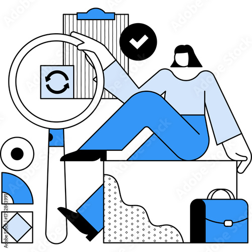 Businesswoman examining data on a clipboard with a magnifying glass a blue briefcase rests nearby on a white background