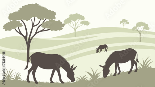 Donkeys Grazing on Hilly Pasture. Peaceful Rural Landscape for Nature Conservation, Sustainable Agriculture, and Outdoor Travel Design