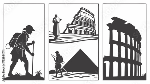 Silhouette of a Hiker Exploring Ancient World Wonders and Iconic Historical Landmarks like the Colosseum and Pyramids for Adventure Travel and Cultural Discovery