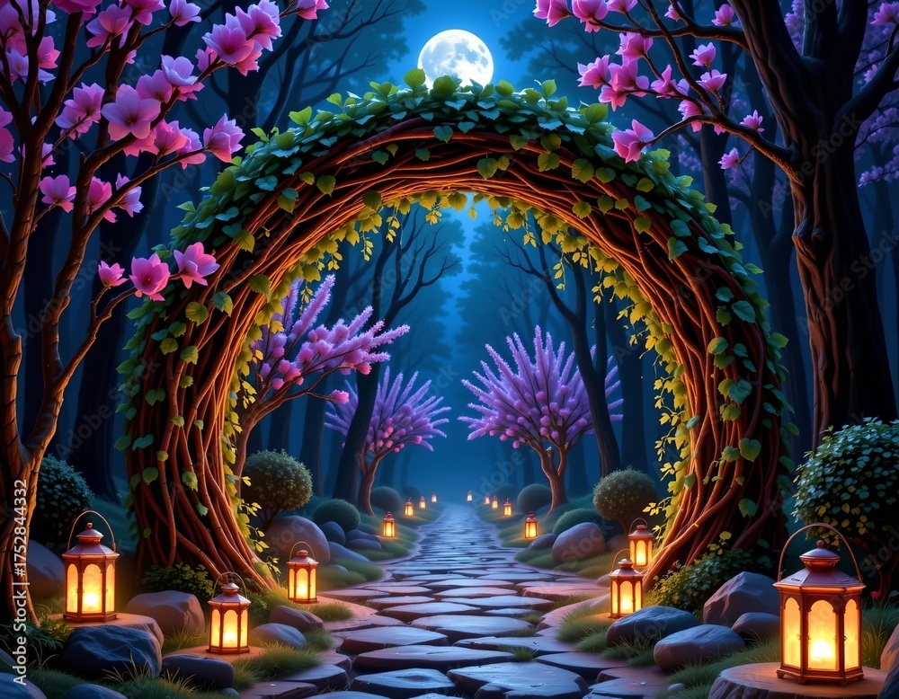Fototapeta premium Enchanting Forest Scene with Glowing Lanterns and Full Moon