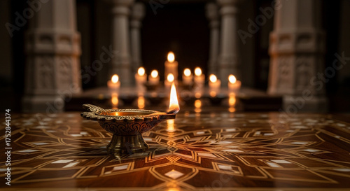 Golden diya flame on a detailed wood table, candles creating warm ambiance, perfect for spirituality, meditation, and cultural events