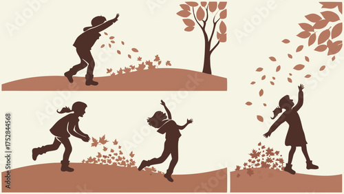 Happy Children Playing with Autumn Leaves Outdoors. Joyful Kids Throwing and Jumping in Fall Foliage. Seasonal Fun Childhood Silhouette Vector Illustration.