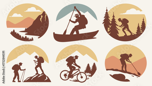 Outdoor Adventure Icons. Vintage Silhouettes of Hiking Kayaking Biking Nature Exploration for Travel and Active Lifestyle Marketing