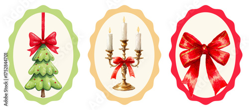 Christmas set of vintage frames. Retro frames with Christmas attributes. Christmas tree, candlestick and bow. Vintage Christmas elements. Vector illustration.