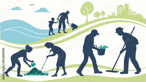 Community Volunteers Planting Trees Cleaning Park for Environmental Sustainability and Social Responsibility