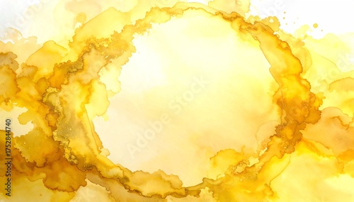 Abstract Gold and Yellow Ink Watercolor Background, Circular Ring or Coffee Stain Shape on White Paper, Vibrant Sunburst Effect, Artistic Textured Design, Luxury Abstract Art Backdrop