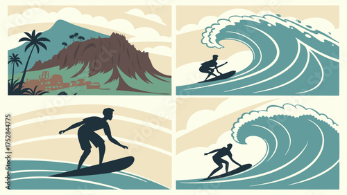 Vintage Style Hawaiian Surfing Adventure Illustration with Big Ocean Waves and Diamond Head