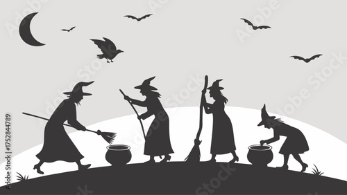 Halloween Witches Brewing Magic Potions in Cauldrons Under Moonlight Silhouette for Spooky Autumn Party Invitations and Fantasy Web Design