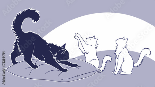 Black and White Cats Stretching and Playing on Pillow Illustration for Pet Care, Morning Routines, and Home Comfort