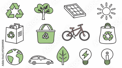 Promote Sustainability with Eco-Friendly Hand Drawn Icons Set. Recycling, Green Energy, Nature Protection Symbols for Web and Marketing Design.