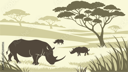 Majestic African Rhino Family Grazing in Wild Savanna Silhouette Vector for Wildlife Conservation and Safari Travel Design