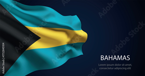 Bahamas national flag with elegant folds on dark background